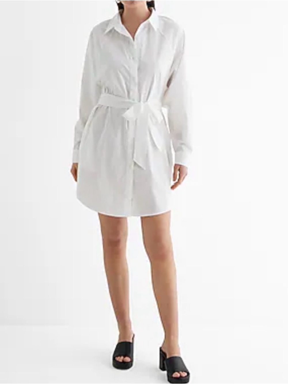 Express White Long-Sleeve Tie-Waist Shirt Dress